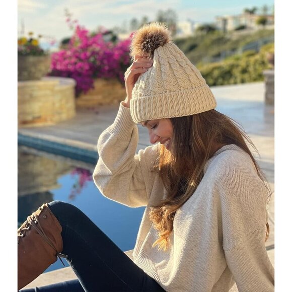 ? Simplicity Faux Fur Women Cream Winter Beanies Hand Knit Pompoms Warm Hats main image 3